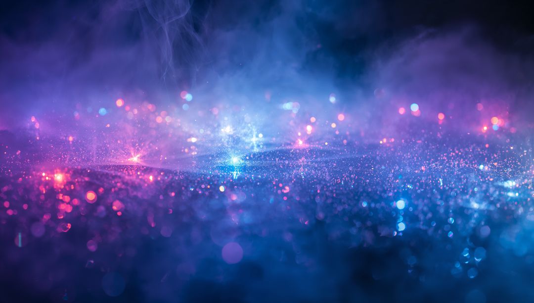 Neon glitter landscape with bokeh mist, shimmering blue and pink reflective sparkle
