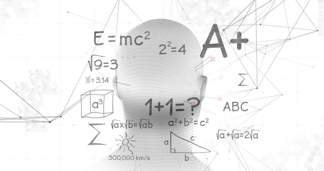 Digital Head Surrounded by Equations and Formulas