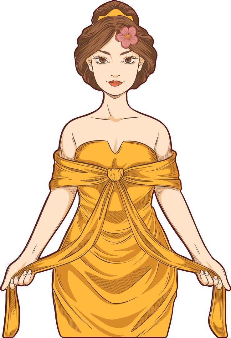 Transparent Elegant Woman in Gold Gown with Ribbon Details