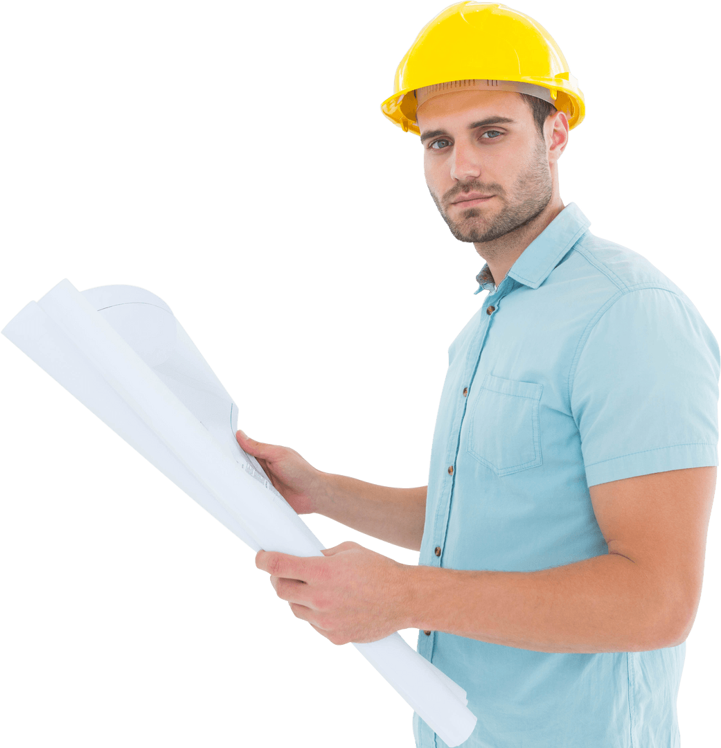 Handsome Architect Holding Blueprints in Safety Helmet - Transparent Background - Download Free Stock Images Pikwizard.com