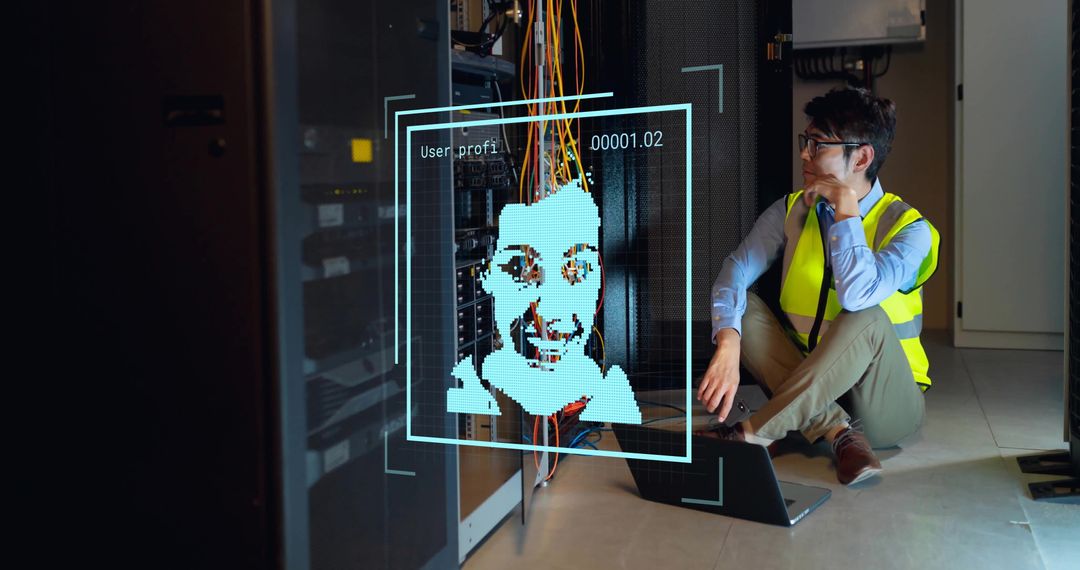 IT Professional Analyzing Digital Portrait in Server Room