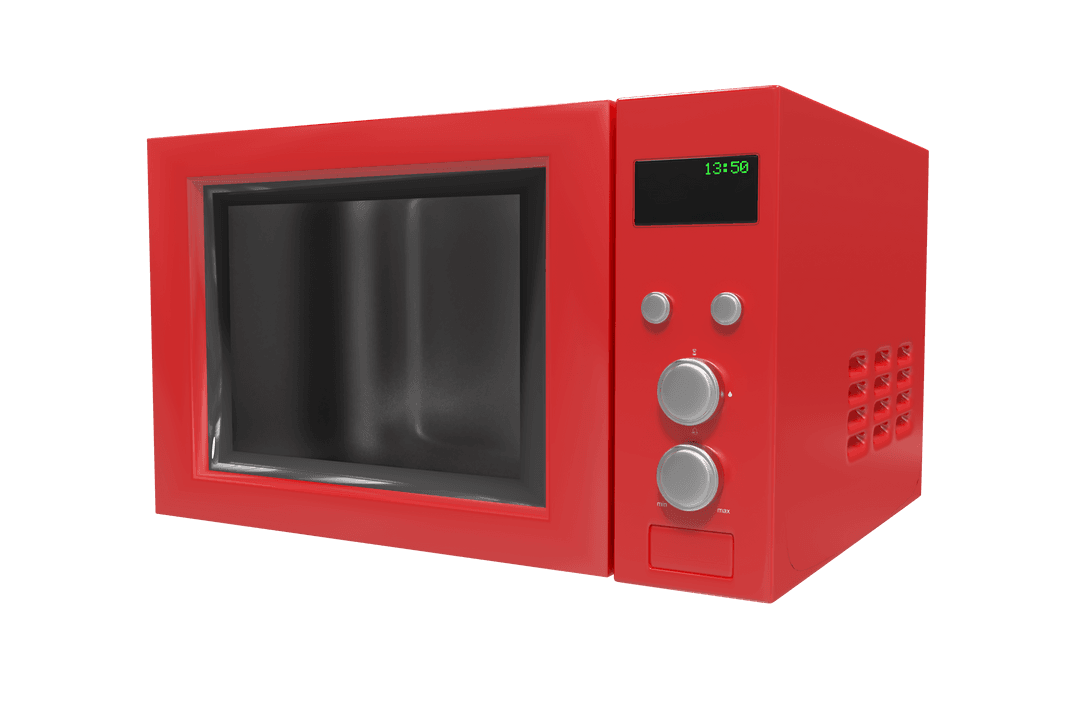 Transparent red microwave oven with functional buttons