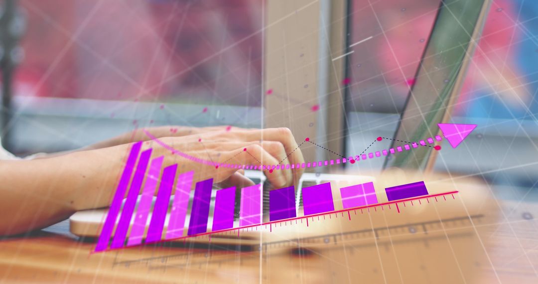 Hands Analyzing Financial Data with Graph Overlay on Laptop