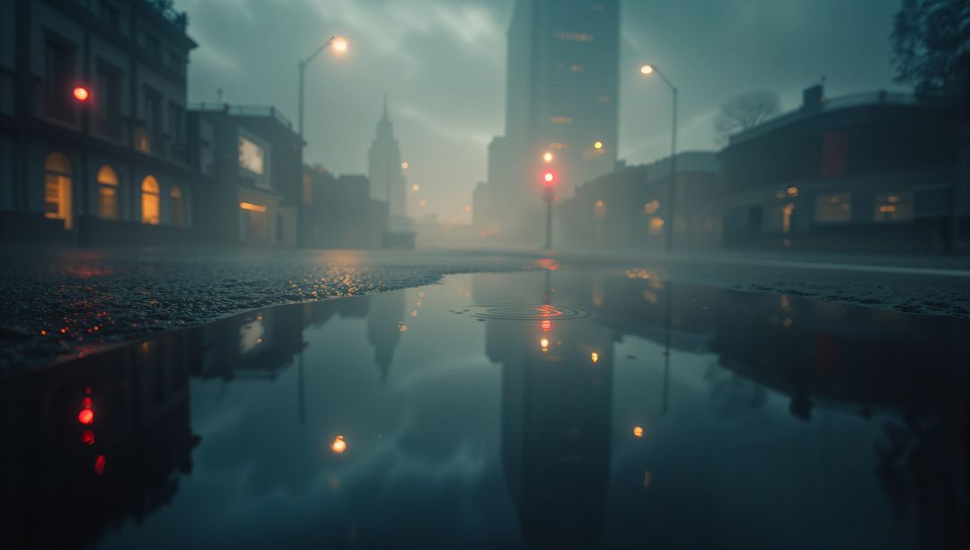 Moody Cityscape with Reflective Puddles and Lights at Dusk