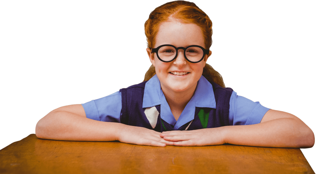 Caucasian Girl with Glasses Sitting at Desk Transparent Background