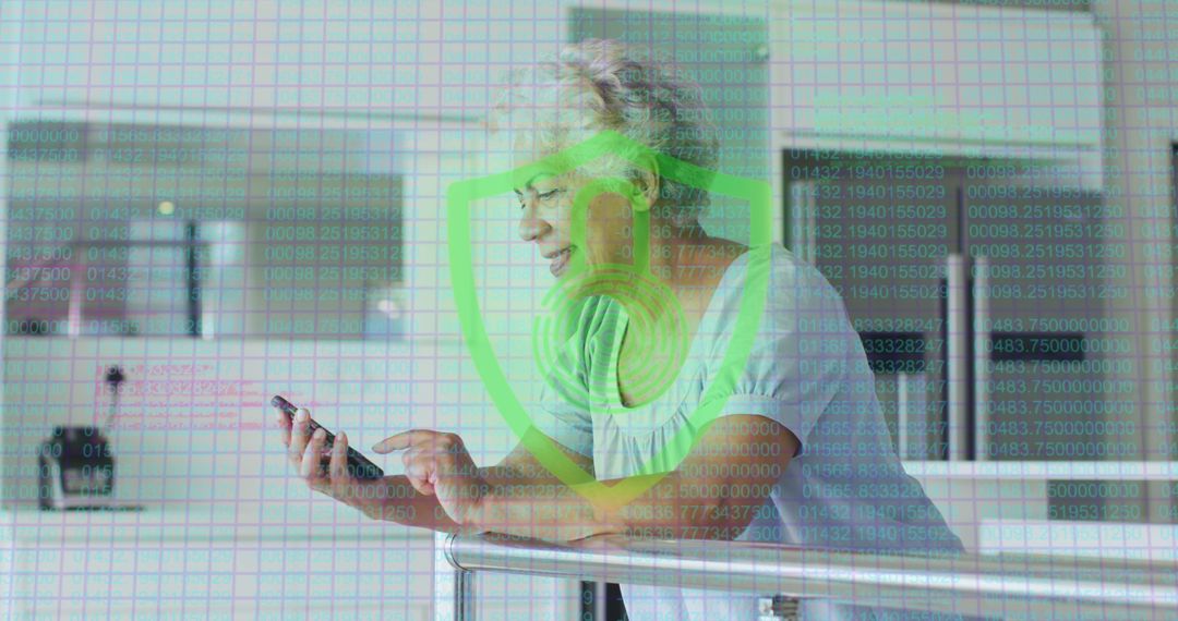Senior Woman Using Smartphone Overlaid with Digital Security Graphics