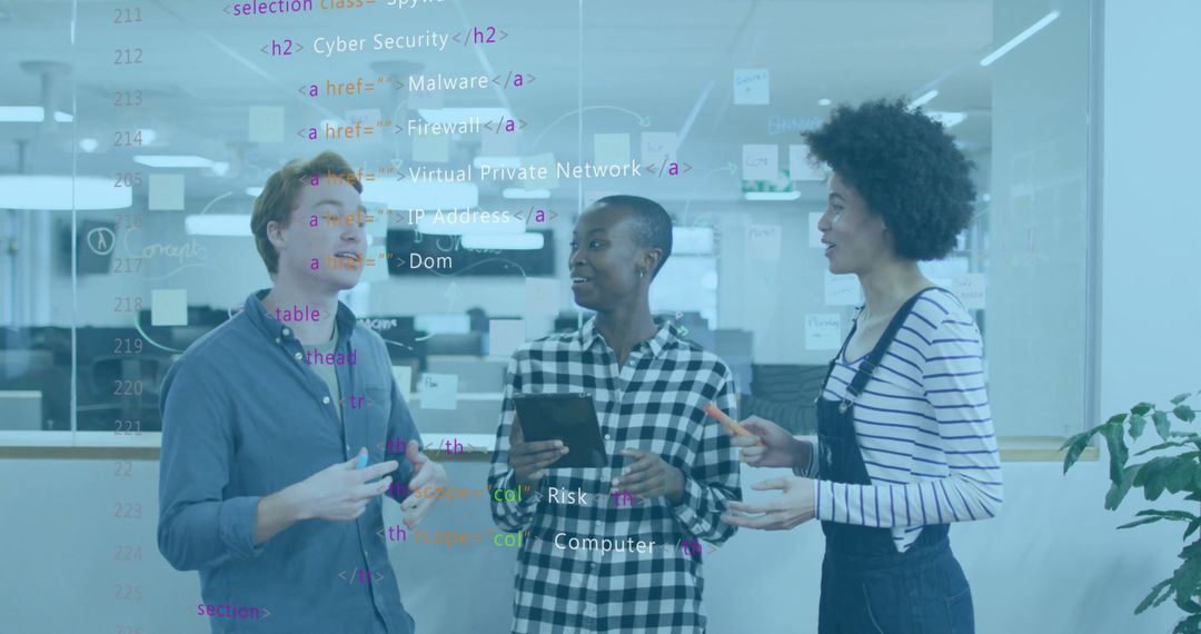 IT Professionals Collaborating in Modern Office with Digital Annotations