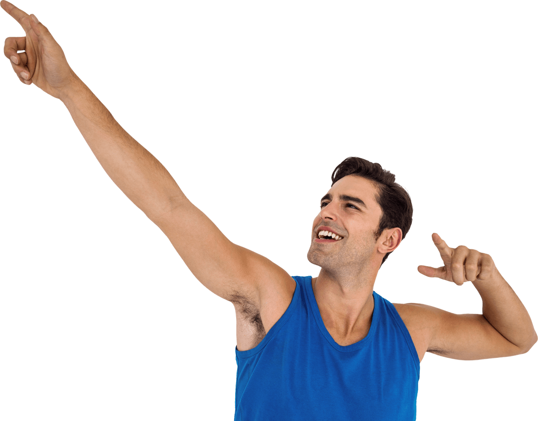 Joyful Man in Blue Top Pointing on Transparent Background