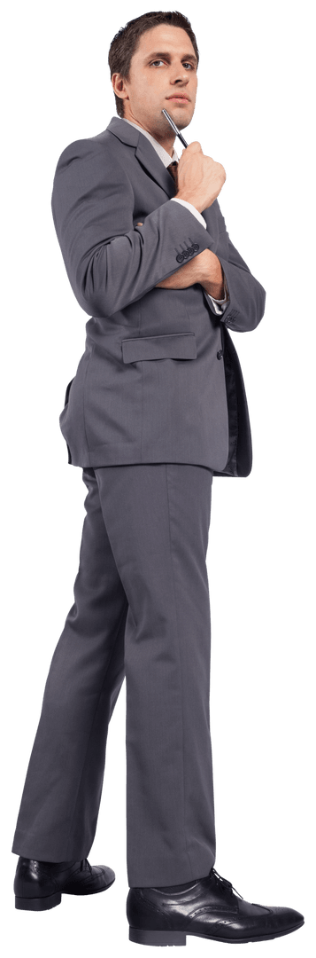 Confident Businessman Holding Pen Robot Aftran Pose Transparent Background