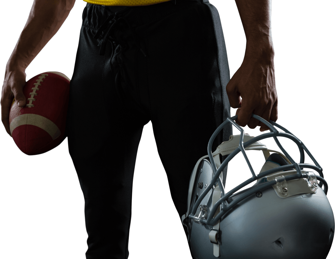 Transparent Midsection Athlete Holding Football Helmet and Ball