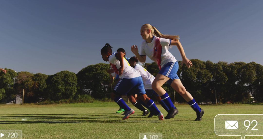 Female Soccer Team Sprinting Together in Unity on Sunny Field