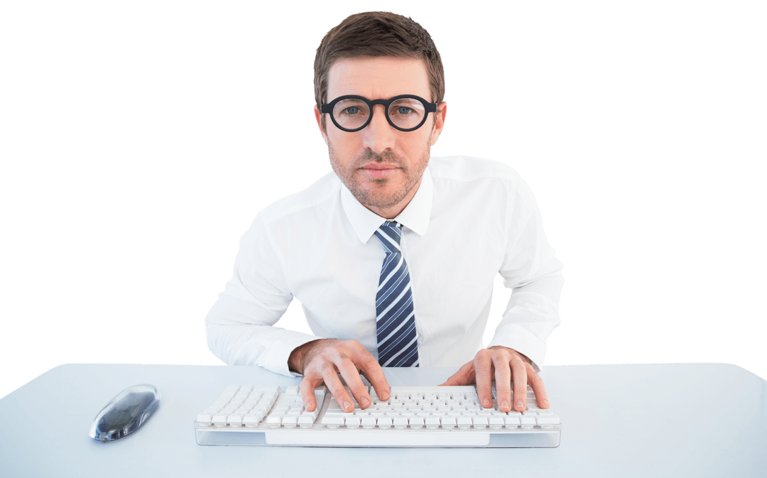 Transparent Background Male Professional Working at Desk