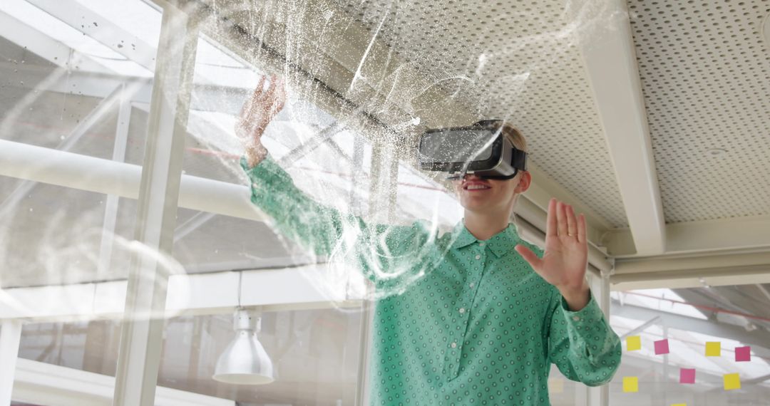 Woman in VR Headset Interacting with Holographic Interface