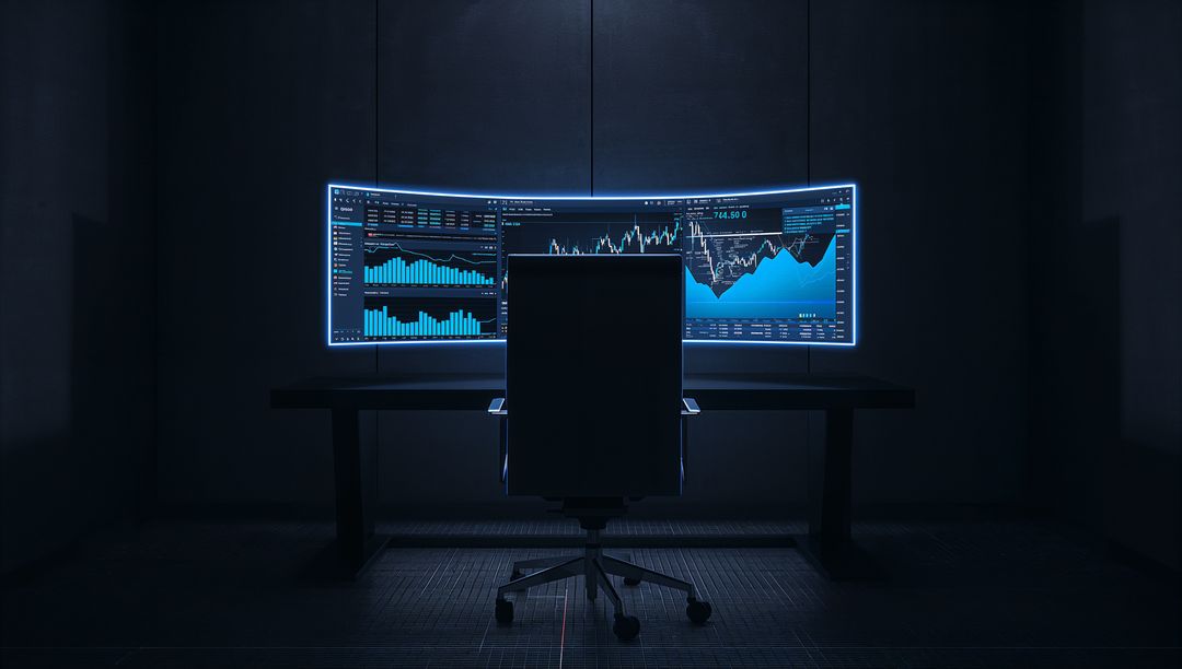High-Tech Trading Workspace With Curved Ultrawide Screen