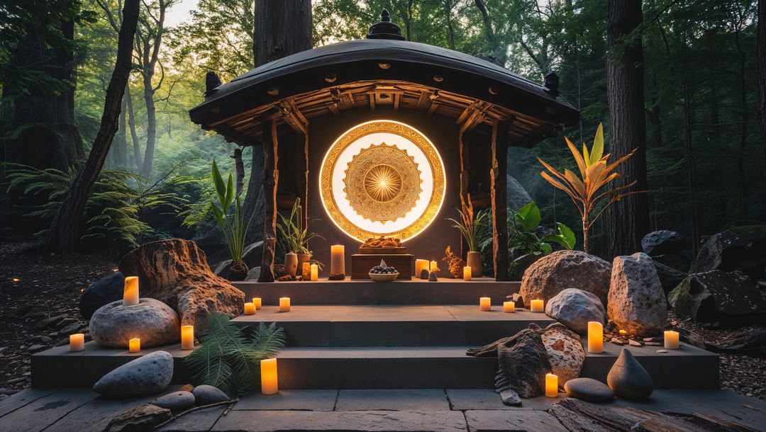 Zen Pavilion with Illuminated Gong in Forest Clearing
