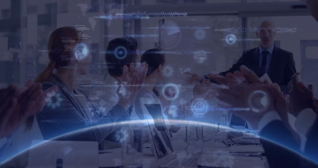 Futuristic Business Meeting with Holographic Data Visualization