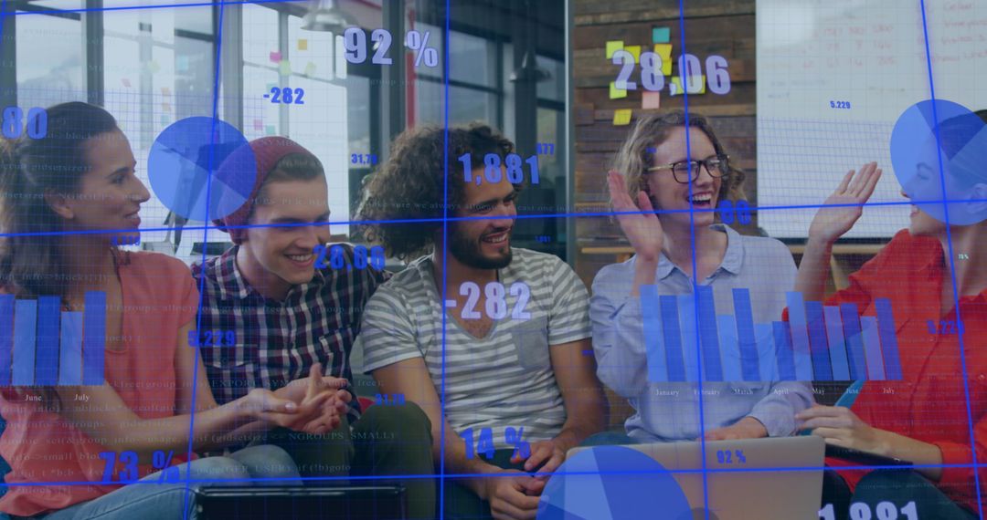 Diverse Team Celebrating Success with Statistical Data Overlay