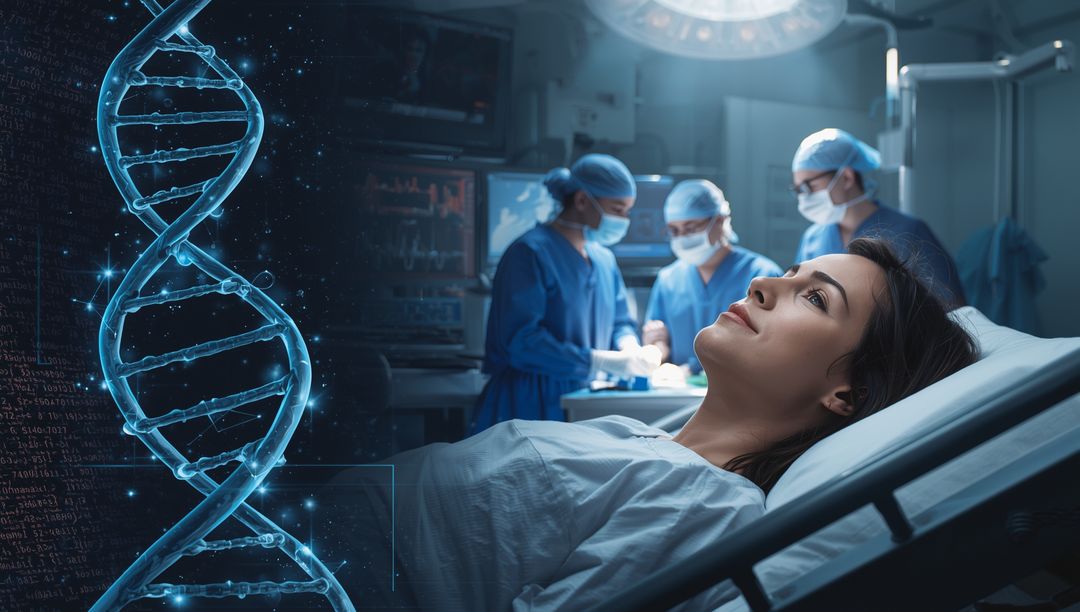 Patient in Surgery with Futuristic DNA Helix Display