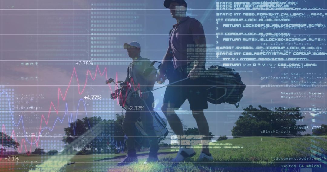Golfers on Fairway with Overlay of Financial Charts and Code