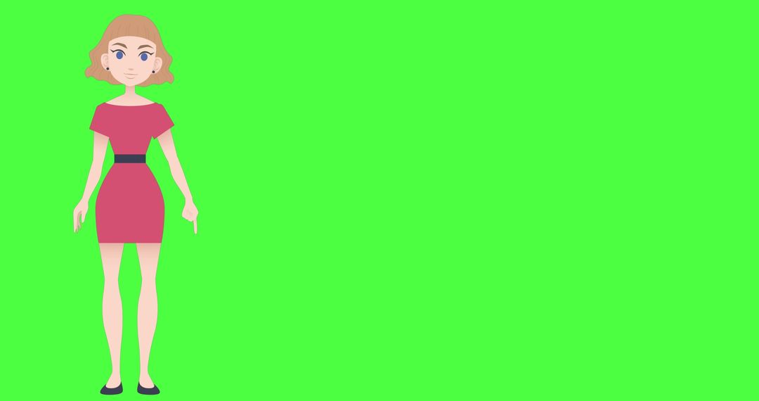 Animated Woman Pointing Gestures Against Green Screen Backdrop