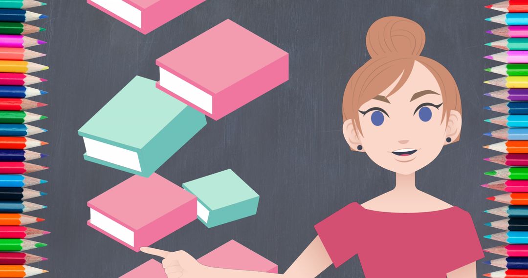 Animated Woman Discussing Books in Creative Educational Concept