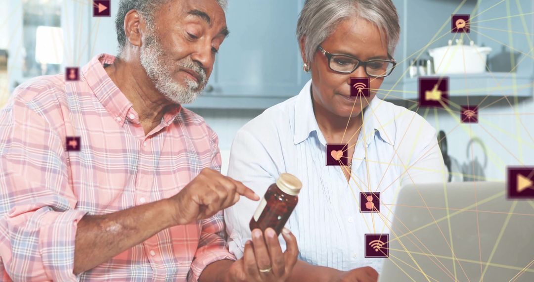 Senior Couple Using Technology for Medication Management in Kitchen