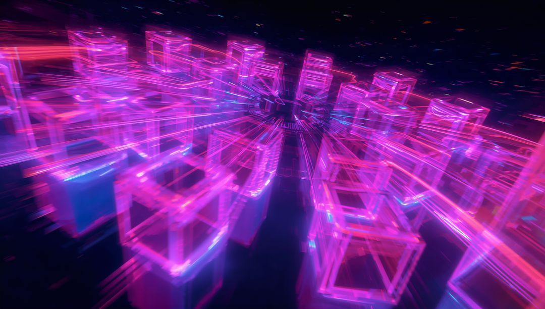 Glowing Neon Wireframe Cubes Emitting Magenta Cyan Light in Radial Cyberpunk Vortex