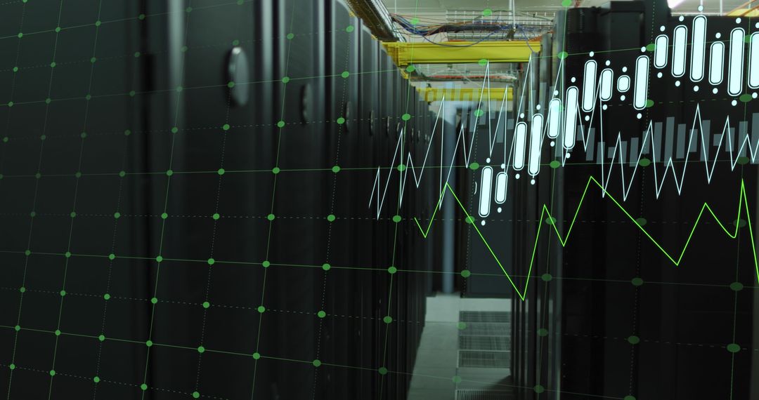 Data Center Server Room with Digital Graph Overlay