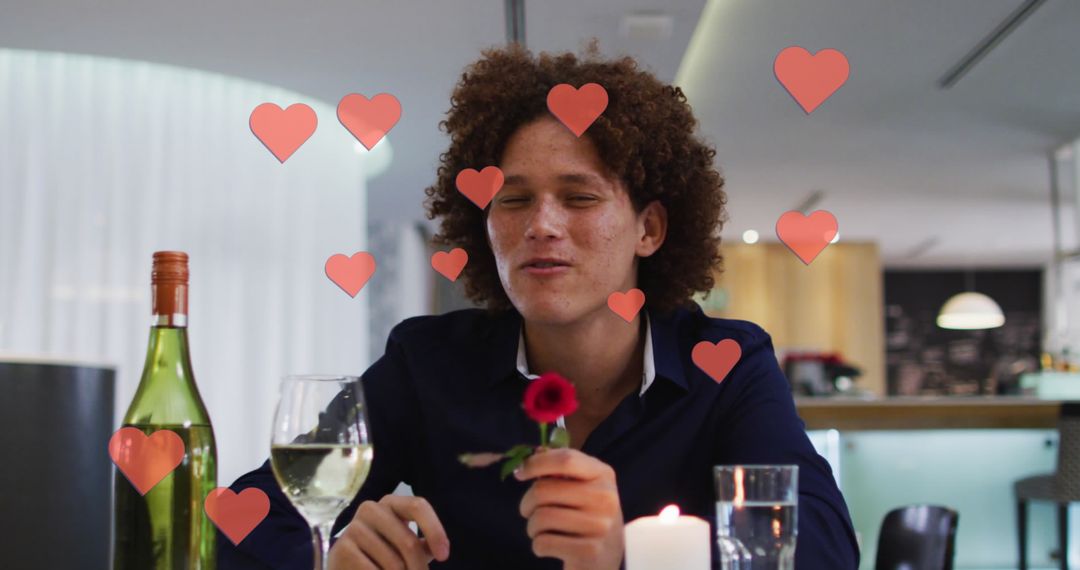 Romantic Virtual Date: Man Enjoys Virtual Connection with Glass of Wine and Rose