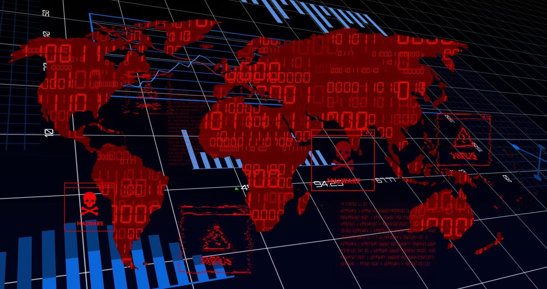 Global Cybersecurity Map with Binary Code and Malware Icons