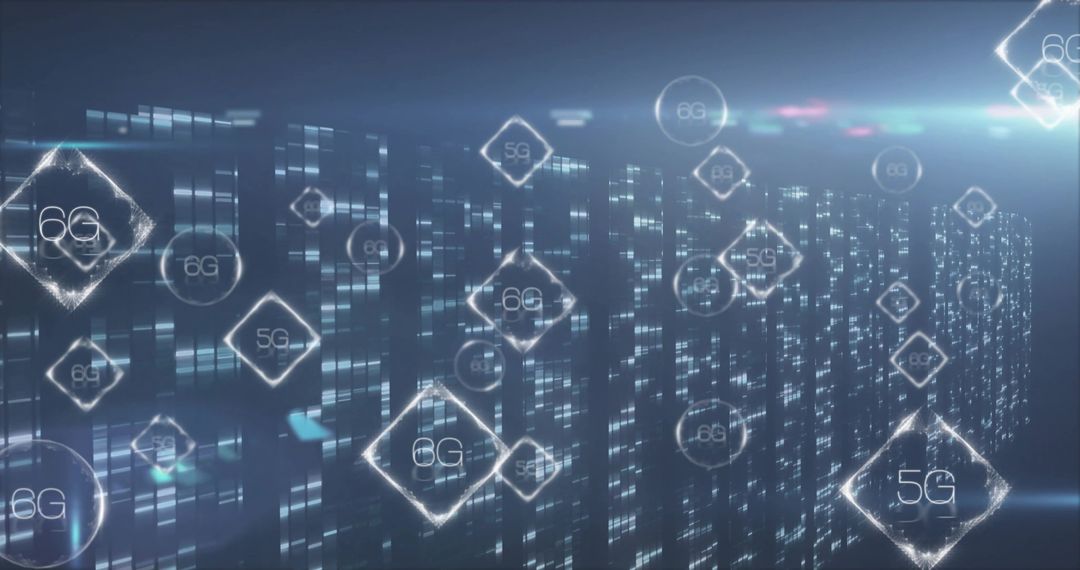 Holographic 5G 6G Network Glyphs Floating Above Digital Server Matrix Futuristic Data