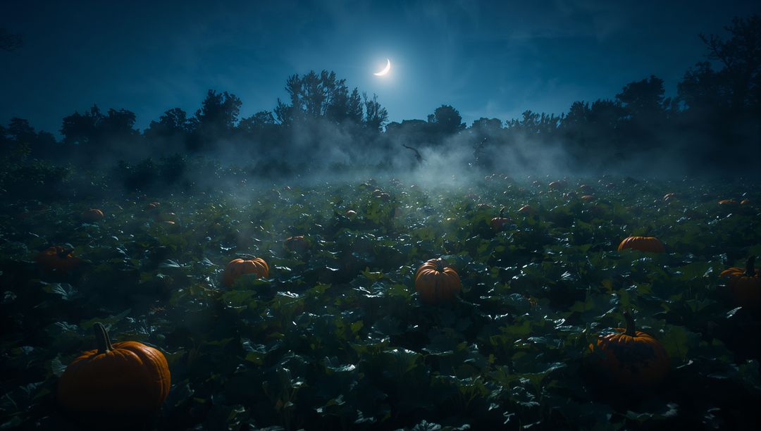 Misty Pumpkin Field under Crescent Moon at Night