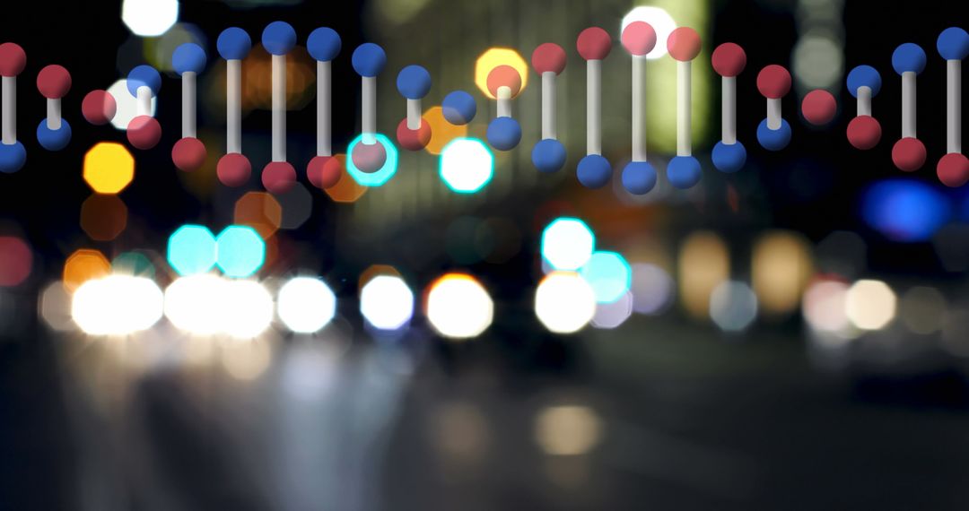 Digital DNA Strand Overlay and Urban City Lights Bokeh