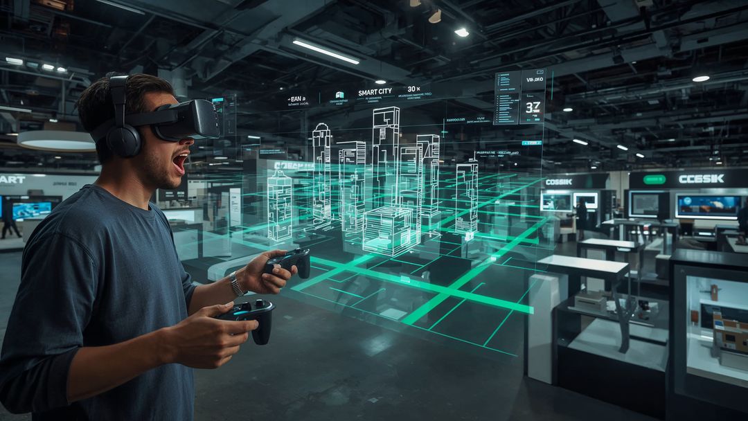 Man Engaging with Virtual City using VR in Futuristic Innovation Space