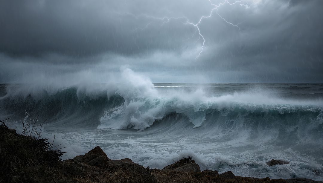 Powerful Ocean Wave with Lightning in Dramatic Stormy Seascape
