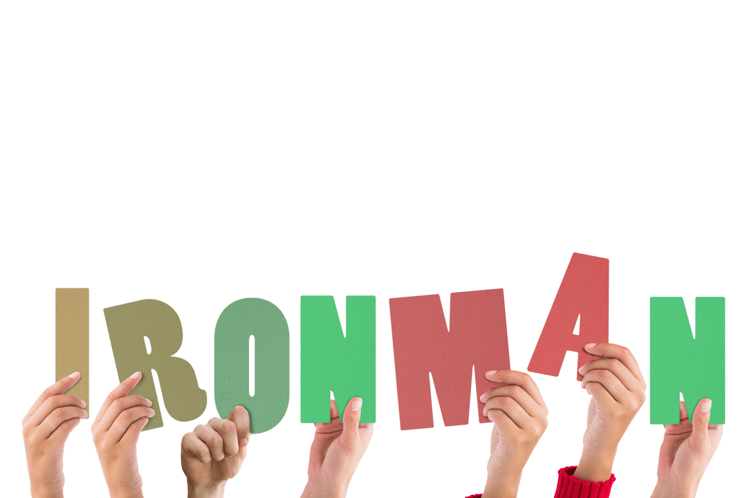 Hands Holding Ironman Letters with Transparent Background