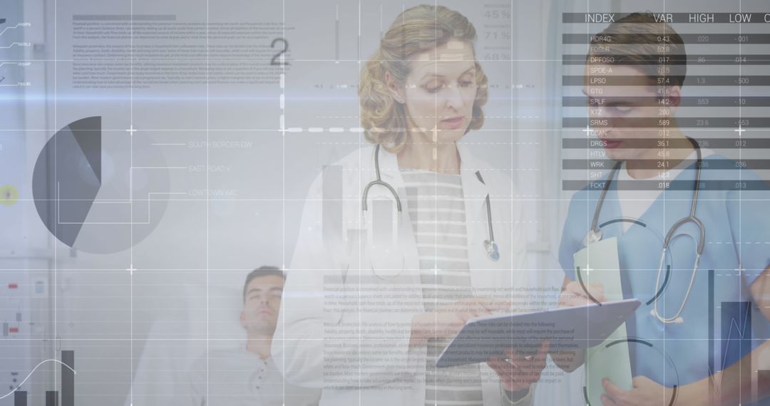 Financial Data Overlay on Medical Professionals Analyzing Records