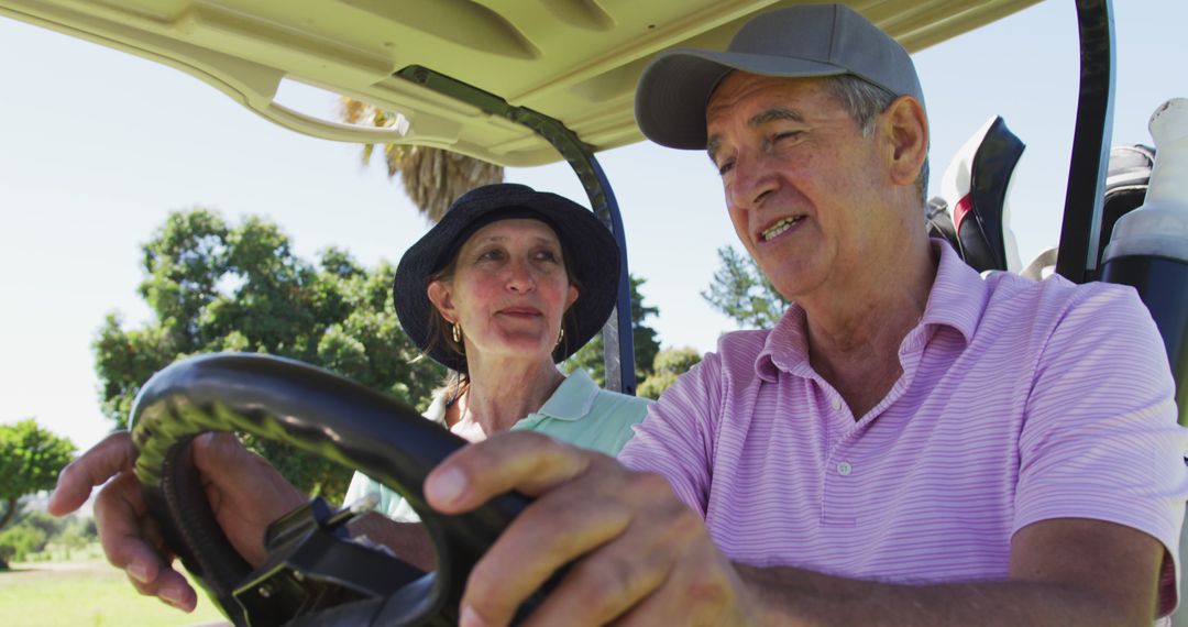 Senior Couple Enjoying Golf Drive Quietly Amid Scenic Course