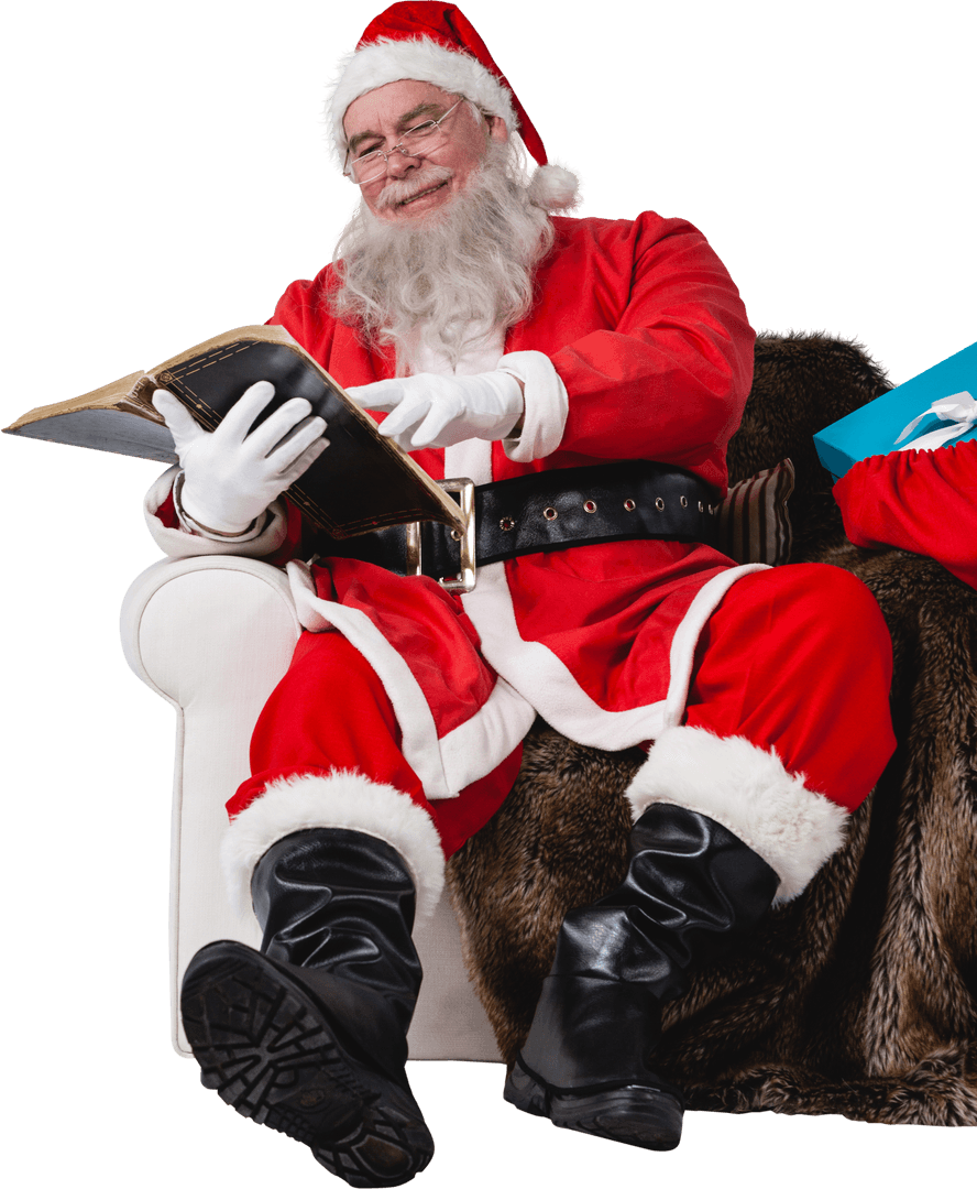 Transparent Smiling Santa Claus Reading Book Bringing Cheer
