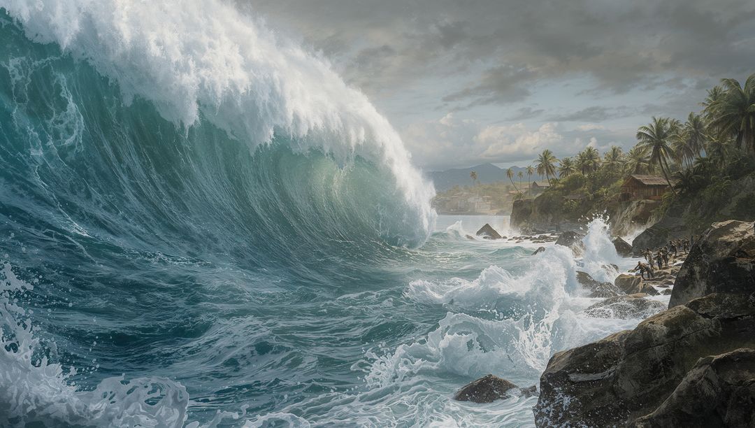 Giant Ocean Wave Crashing on Rugged Rocky Shoreline