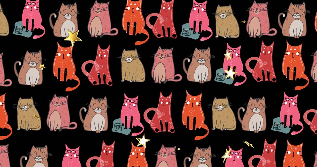 Quirky Cat Pattern with Playful Stars on Black Background