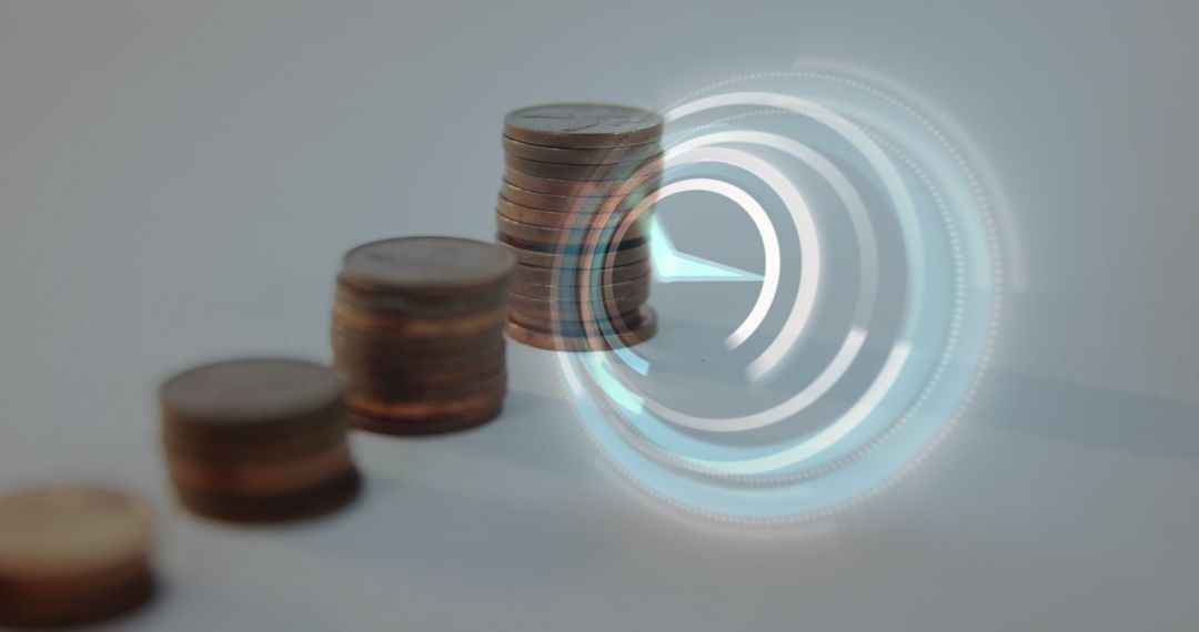 Stacked Coins with Digital Clock Symbolizing Time and Finance