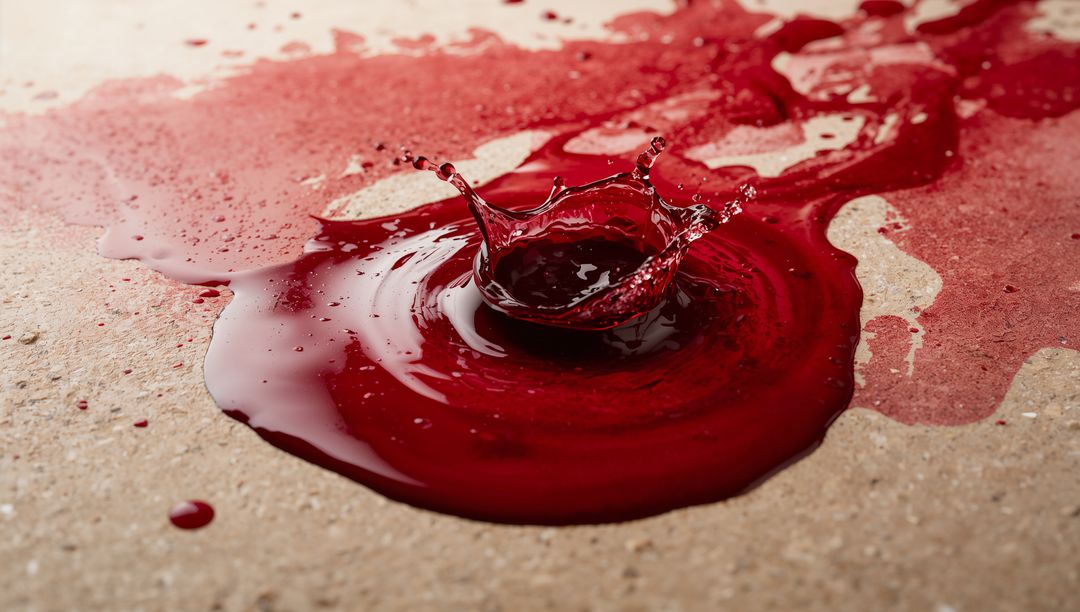 Crimson Liquid Splash Creating Crown-Shaped Ripple on Textured Kraft Surface Macro Studio