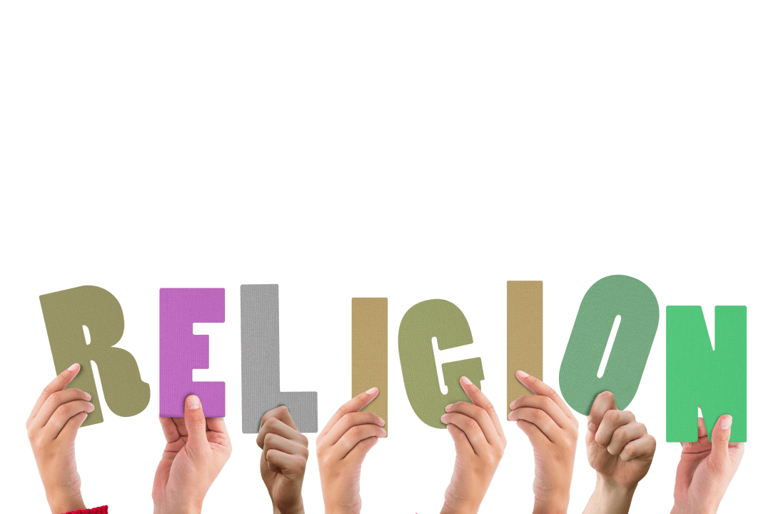 Diverse Hands Holding Transparent Religion Word