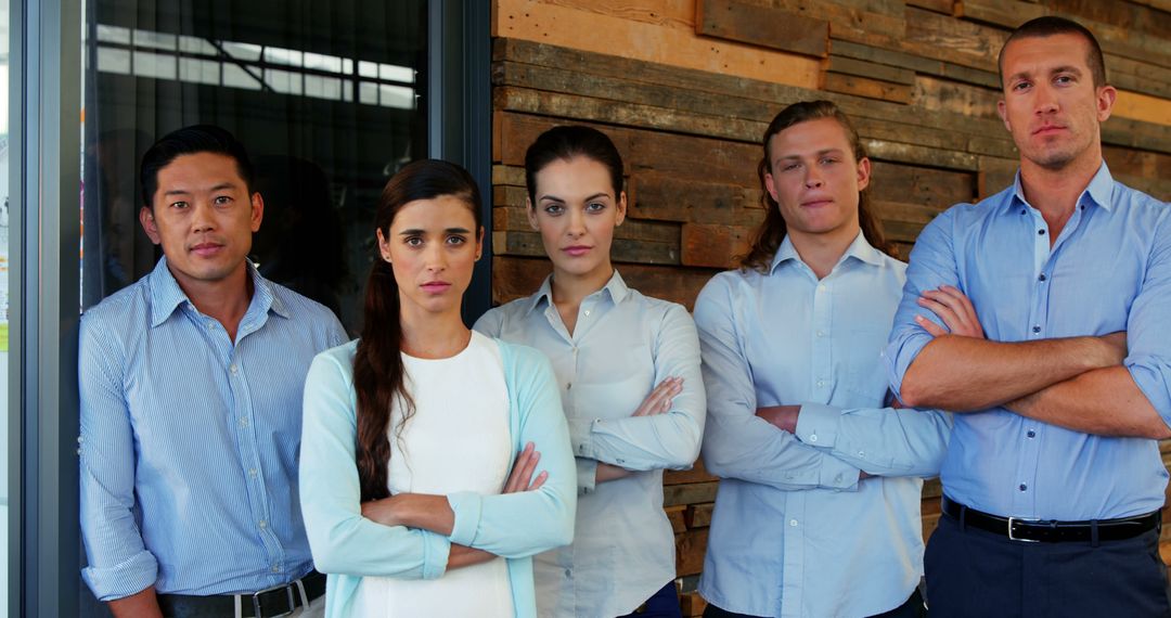 Diverse Business Team with Serious Expressions Standing in Office Corridor - Free Images, Stock Photos and Pictures on Pikwizard.com