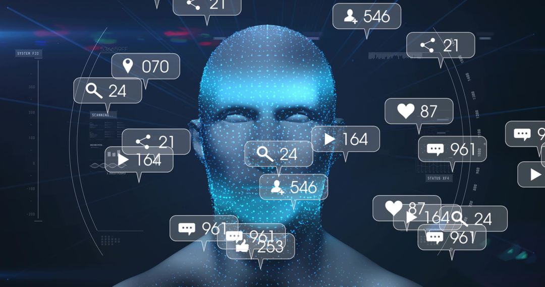 Futuristic AI Avatar Displaying Engagement Metrics, Notifications and HUD Data