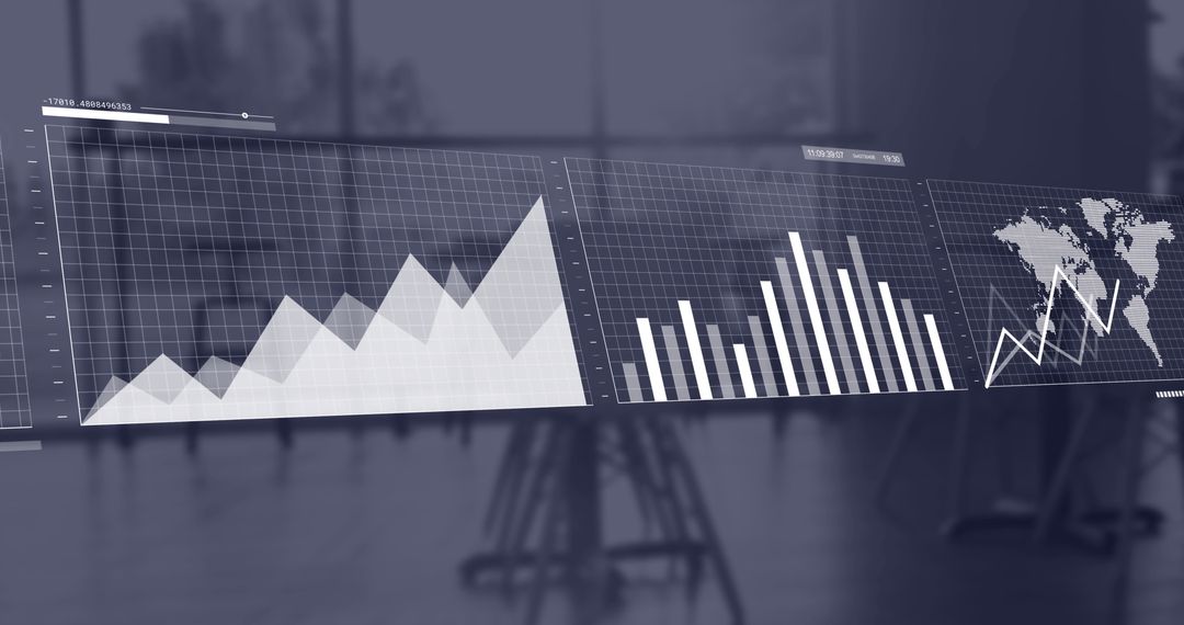 Futuristic HUD Screens Showing Data Reports in Office Setting