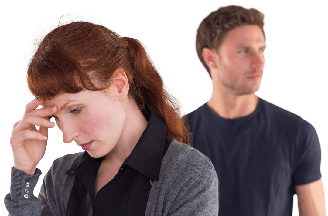 Transparent Conflict: Worried Woman with Unfocused Man in Background