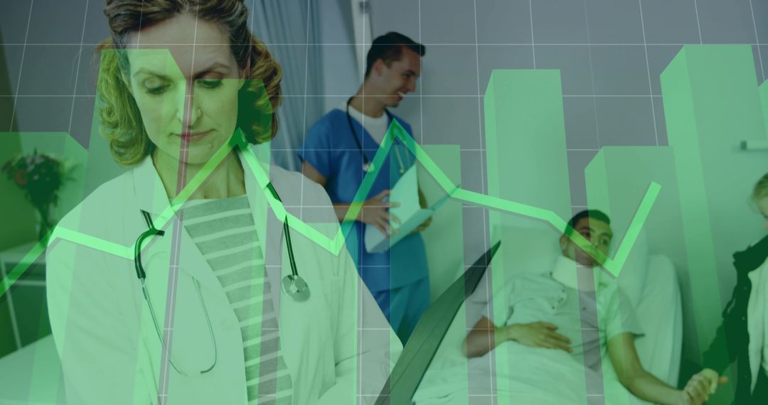 Doctor Analyzing Patient Data on Tablet with Graph Overlay in Hospital