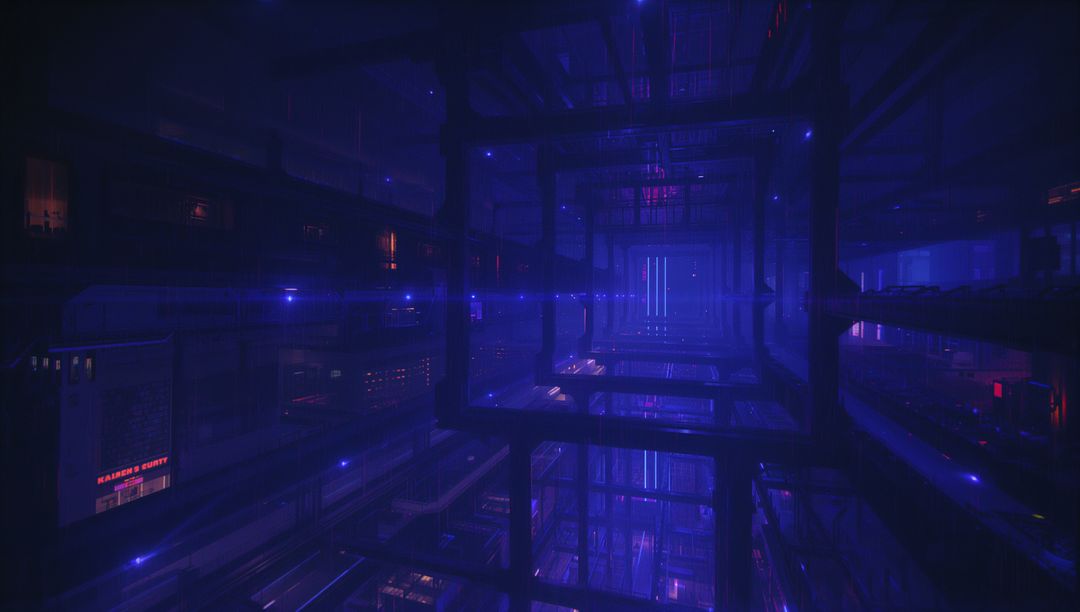 Futuristic Cyberpunk Facility with Nested Cube Frames and Neon Lights